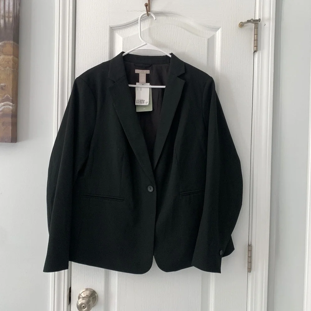 H&M Black Single Button Blazer Recycled Blend LivaEco Viscose Women Professional